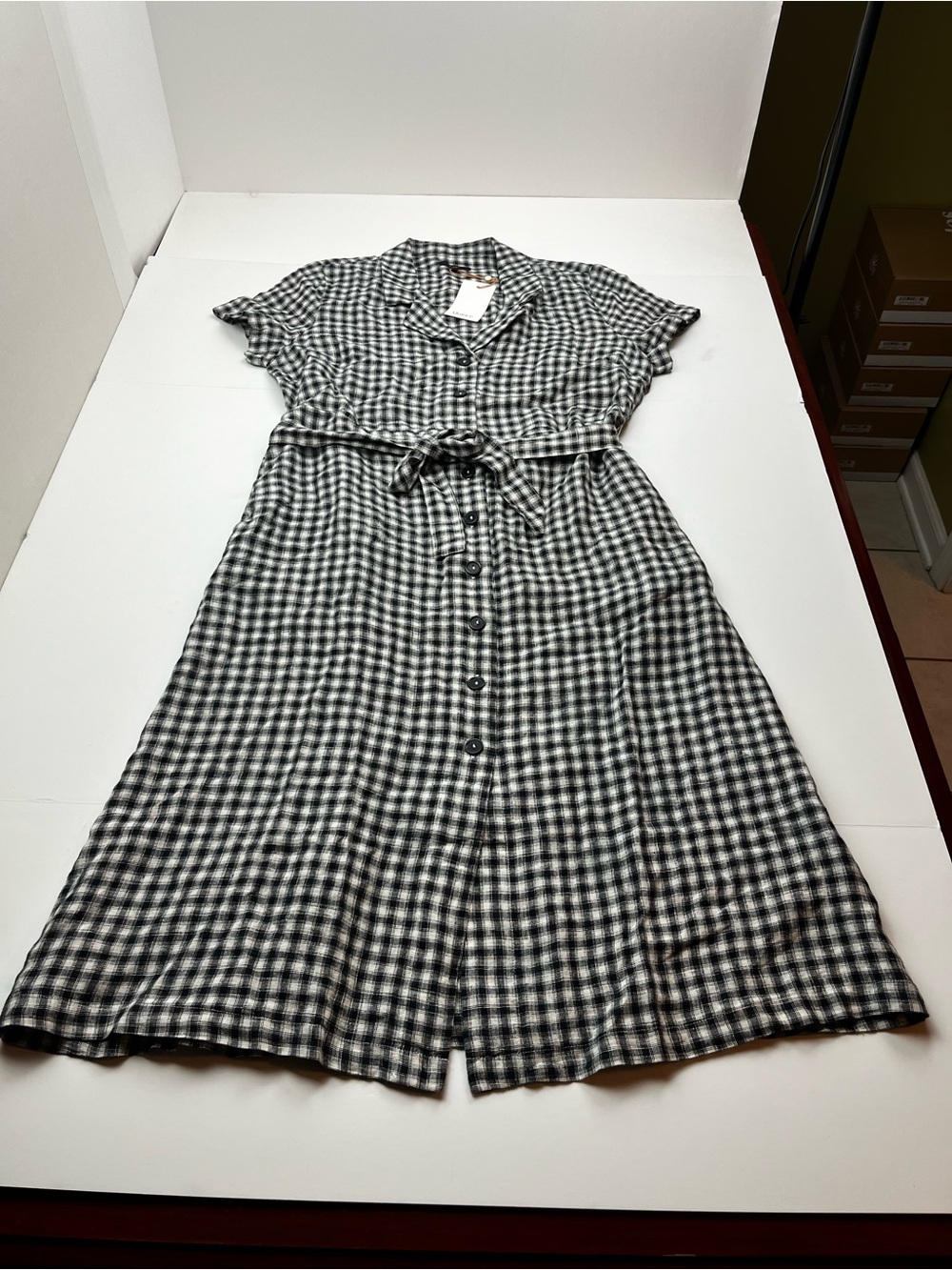 Quince 100% European Linen Button Front Dress Khaki Black Gingham Large NEW